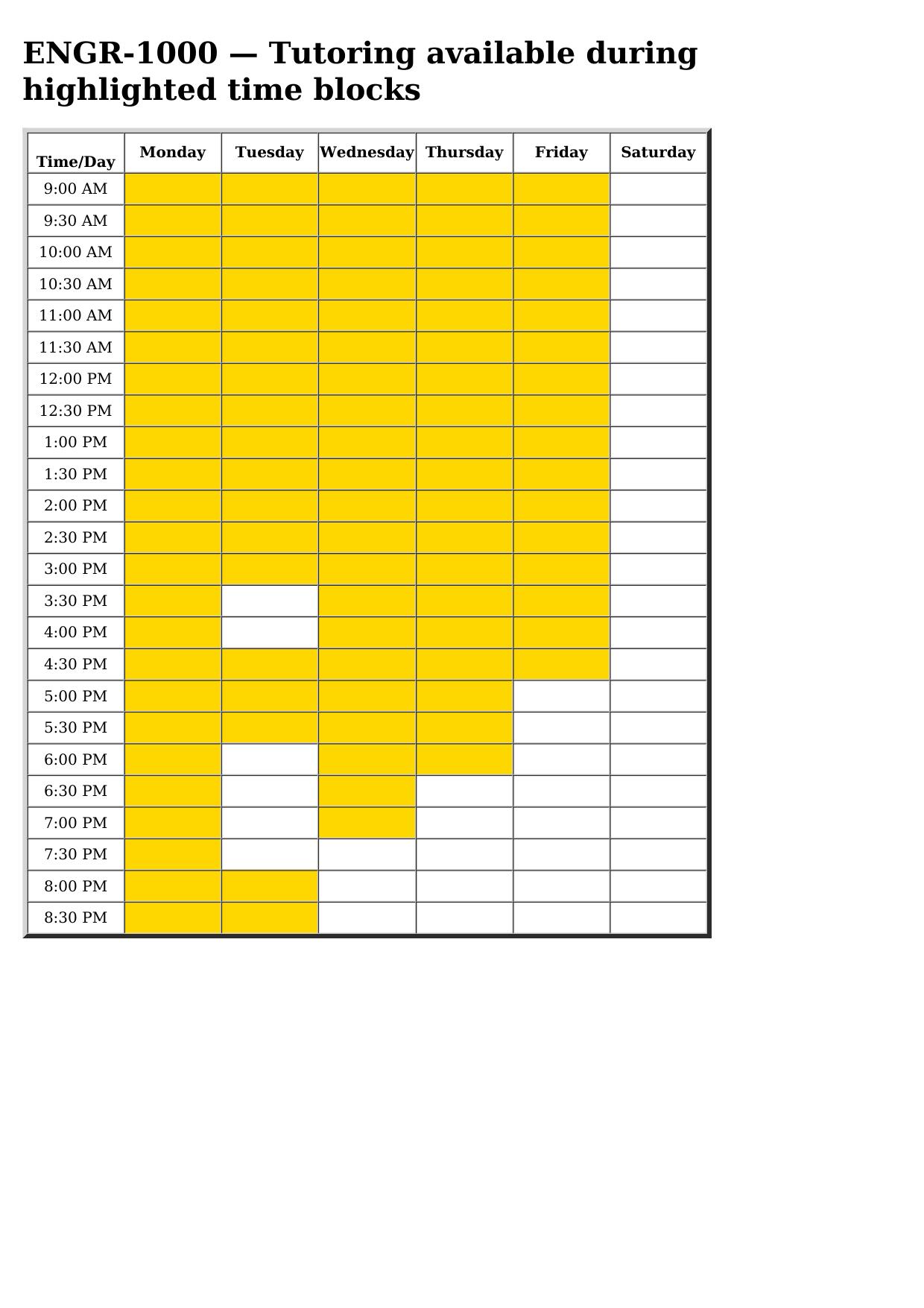 engr 1000 schedule