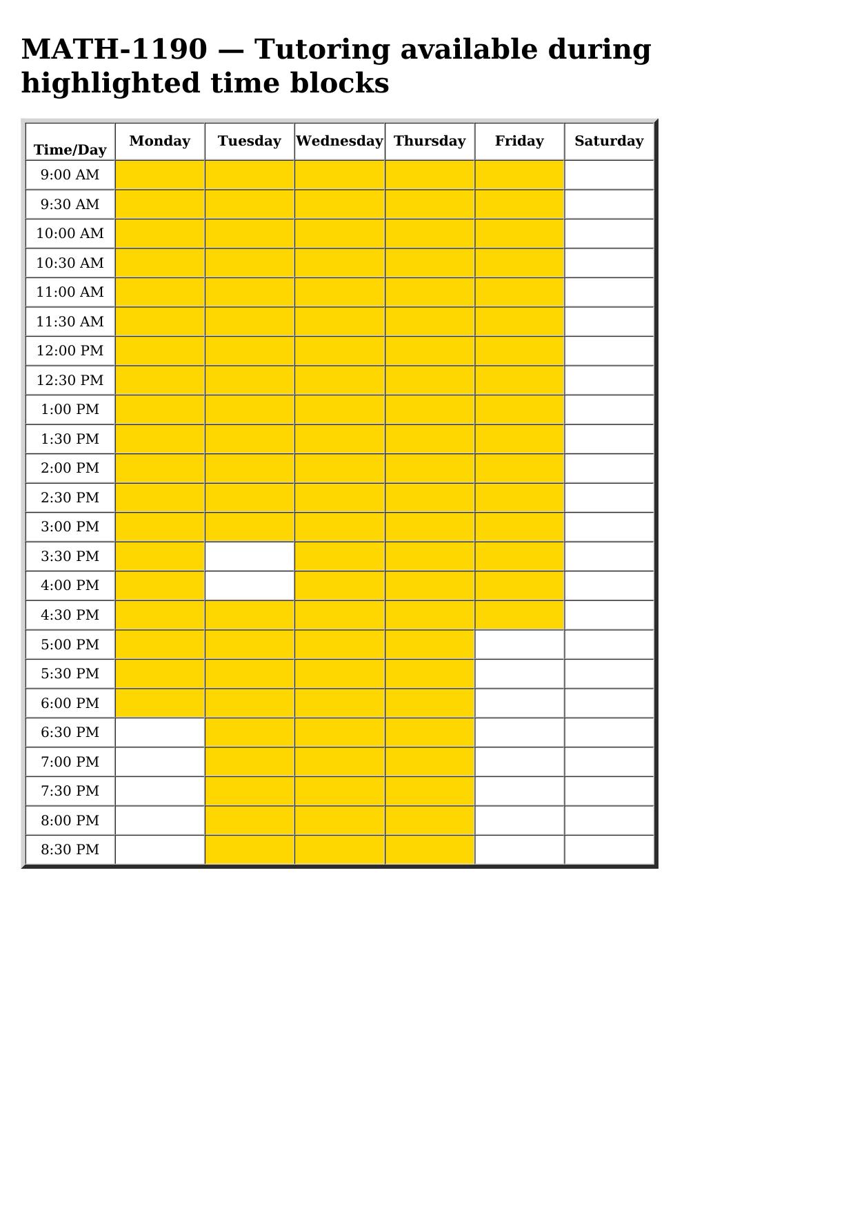 math 1190 schedule