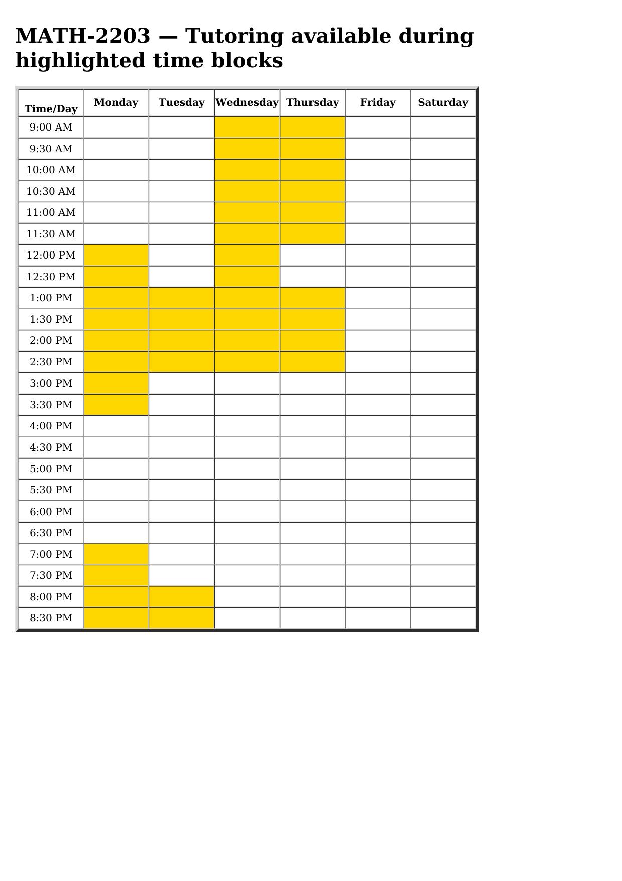 math 2203 schedule