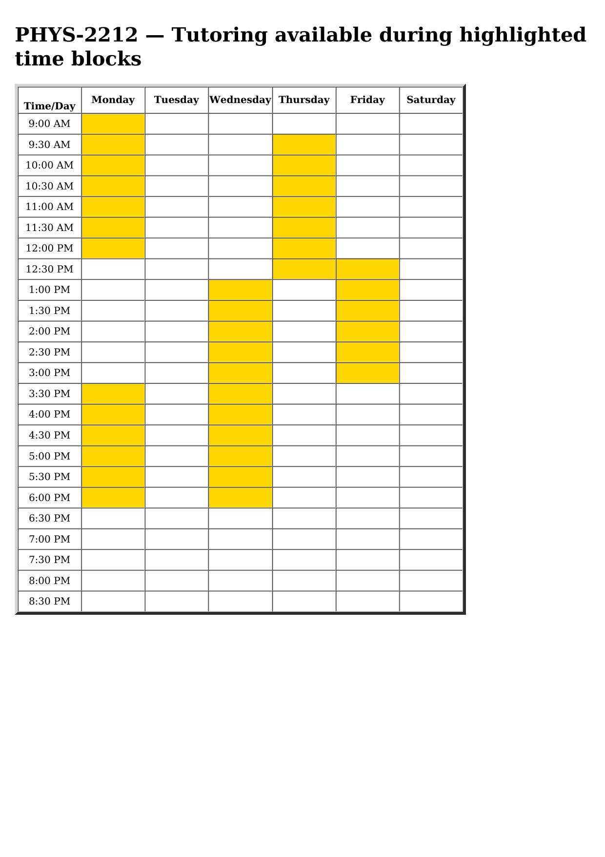 PHYS 2212 SCHEDULE