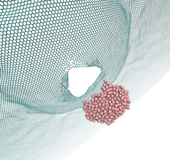 A silver nanoparticle is breaking a single layer graphene sheet.