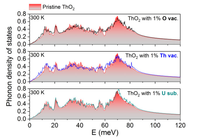 Phonon density of states of ThO2 with oxygen and thorium vacancy defects, and  uranium substitutional defects.